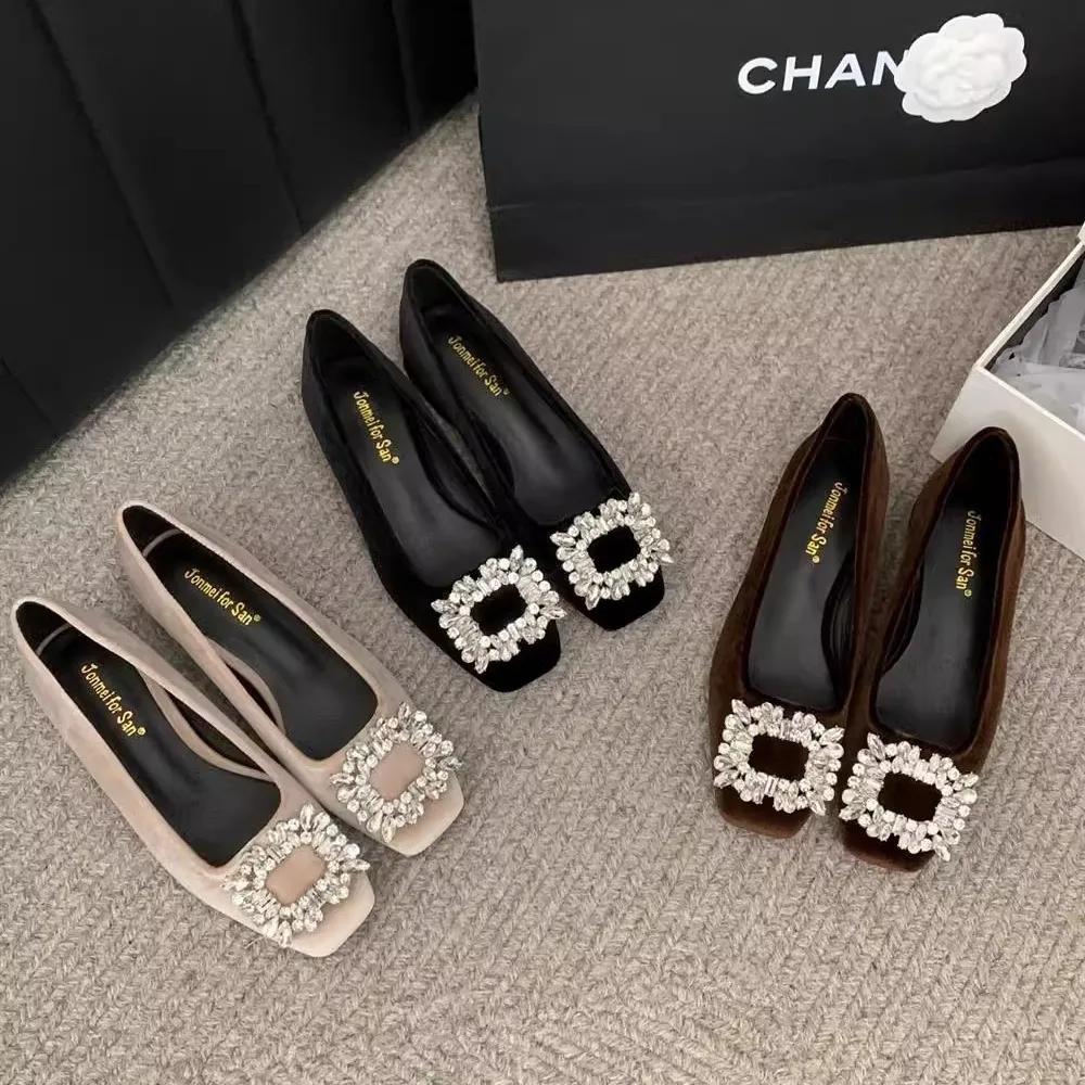 Fashion 2024 Autumn New Square Toe Thick Heel Fashion Rhinestone Women's Single Shoes Ladies Shallow Mouth Mary Jane Shoes Female Pumps
