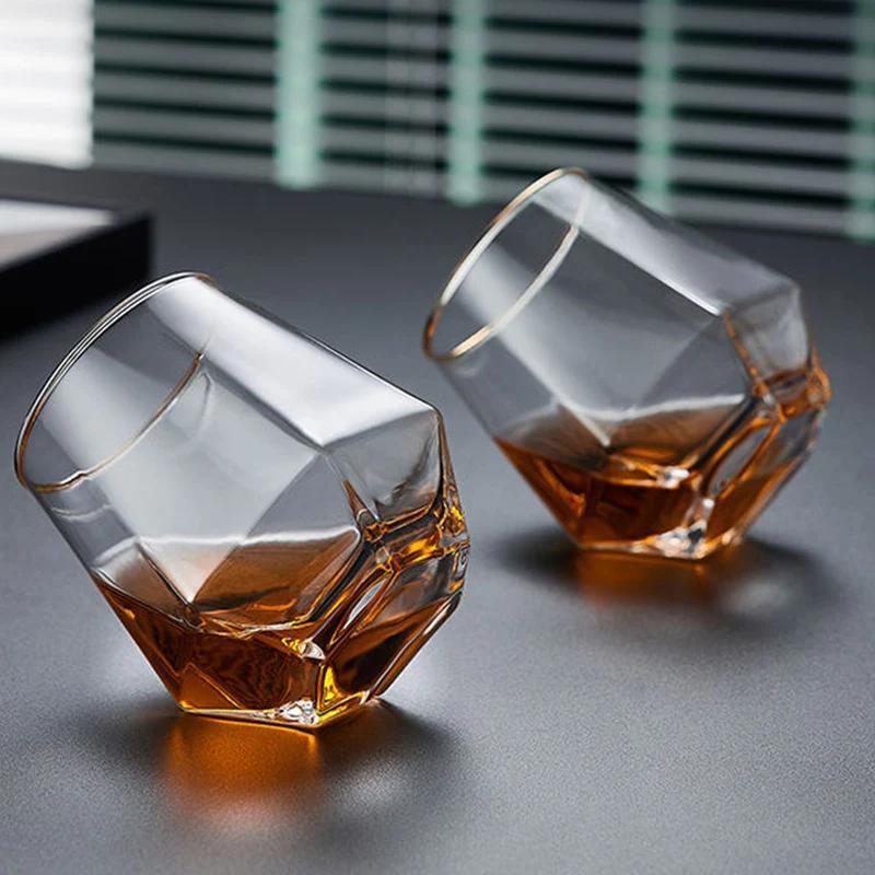 2pcs Set 11OZ Creative Stylish Rolling Golden Edged Glasses Transparent Hexagonal Glass for Home Bar Club Restaurant Water Cups