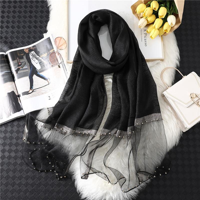 Мода Новый Женский Шарф-Шаль из Смеси Шелка и Хлопка Однотонный Мягкий Дикий с Бисерной Отделкой Тюрбан Подходит Роскошный Женский Дорожный Шарф для Защиты от Солнца