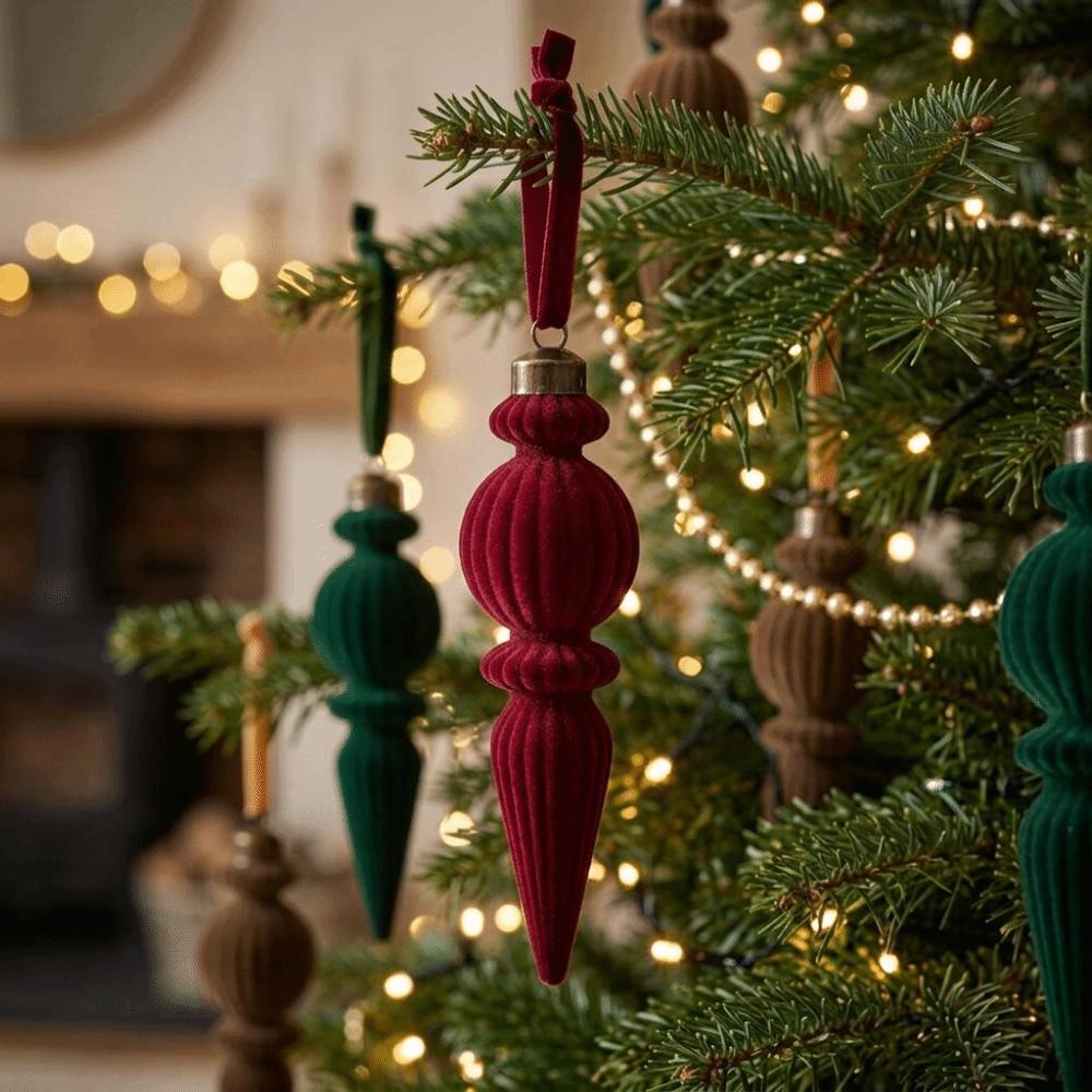 6PCS Oddly Shaped Velvet Christmas Ball Set Solid Color Long Finial Hanging Ornaments Christmas