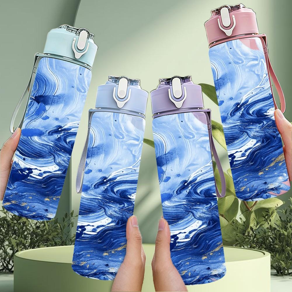 1PC Dark Blue Fluid Paint Pattern 750ml Color Plastic Sports Water Bottle Leakproof Flip Straw Lid Suitable for Sports Office Home Use