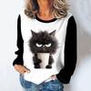 Women O-Neck T-Shirt Funny Cute Cat Art Print Casual Cotton Long Sleeves Kawaii Animals Pattern Pullover Female Fashion Clothing