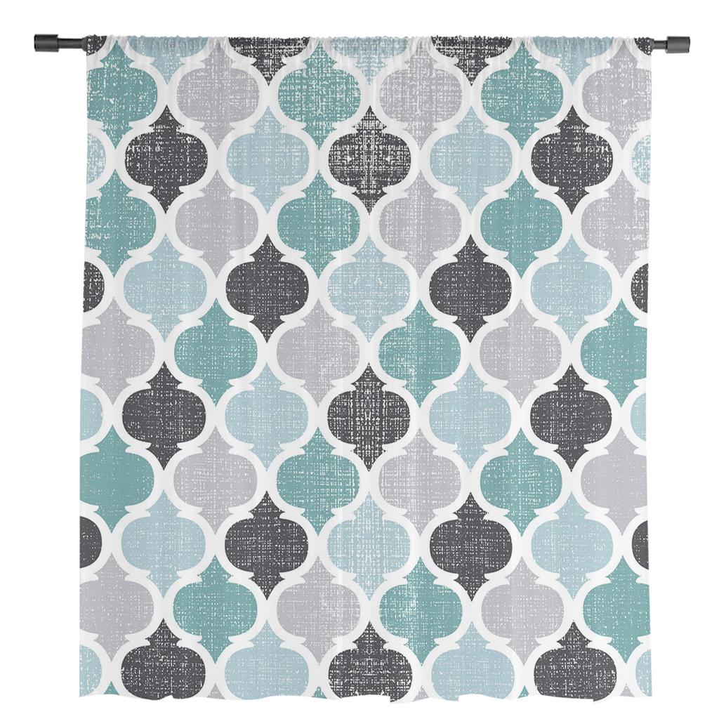 Geometric Cyan Vintage Moroccan Sheer Curtains for Living Room Decoration Window Curtains Kitchen Tulle Voile Organza Curtains