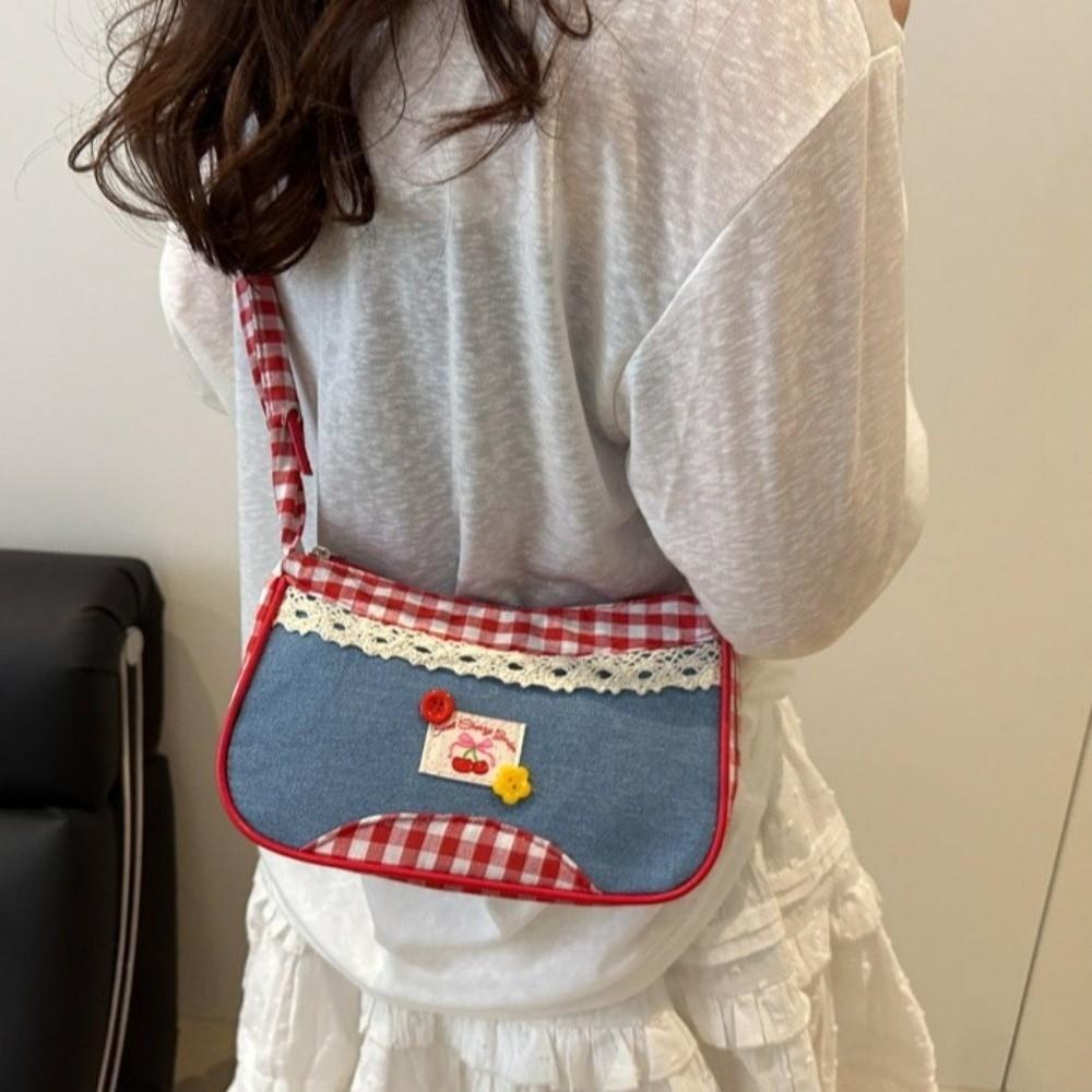 Plaid Lattice Shoulder Bag Rural Style Crossbody Bag Lovely Denim Underarm Bag Students