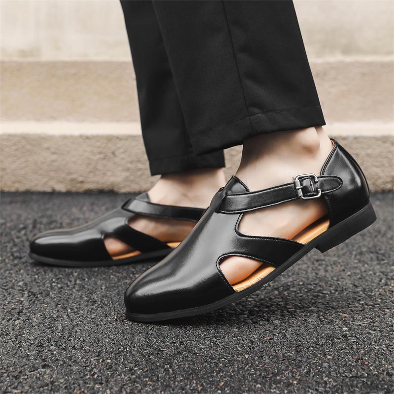 Летние Новые Деловые Сандалии Черные Коричневые ПУ Дышащие Полые Римские Пряжки Формальные Сандалии Размер 38-46 Мужские Сандалии