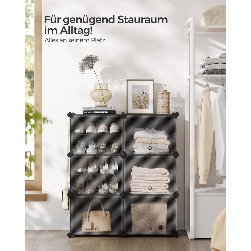 SONGMICS Interlocking Shoe Rack, Plastic Shoe Storage Cabinet, 6-Slot Modular Storage Organiser Unit, 30 x 40 x 30 cm for Each Slot, with Doors