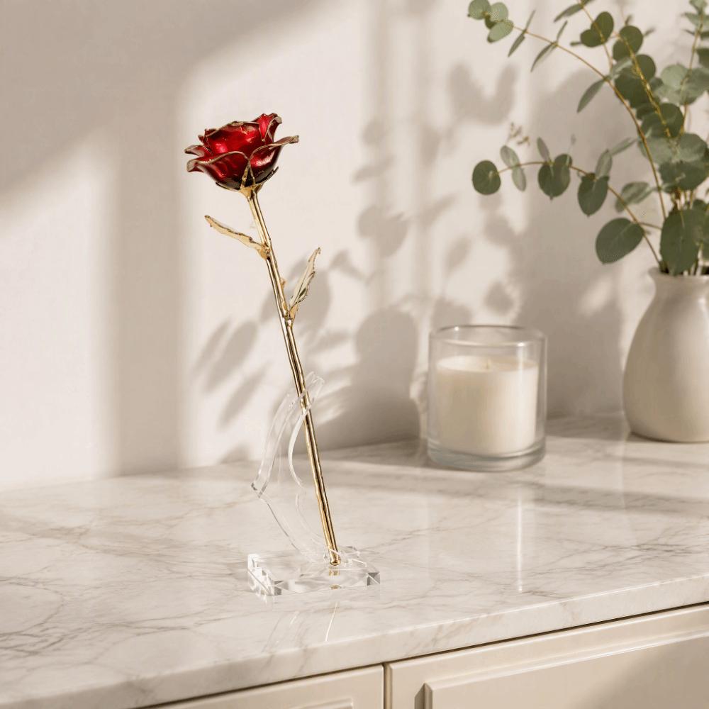 Transparent Stand Artificial Rose Display Gold Rose Collection For Collection Display
