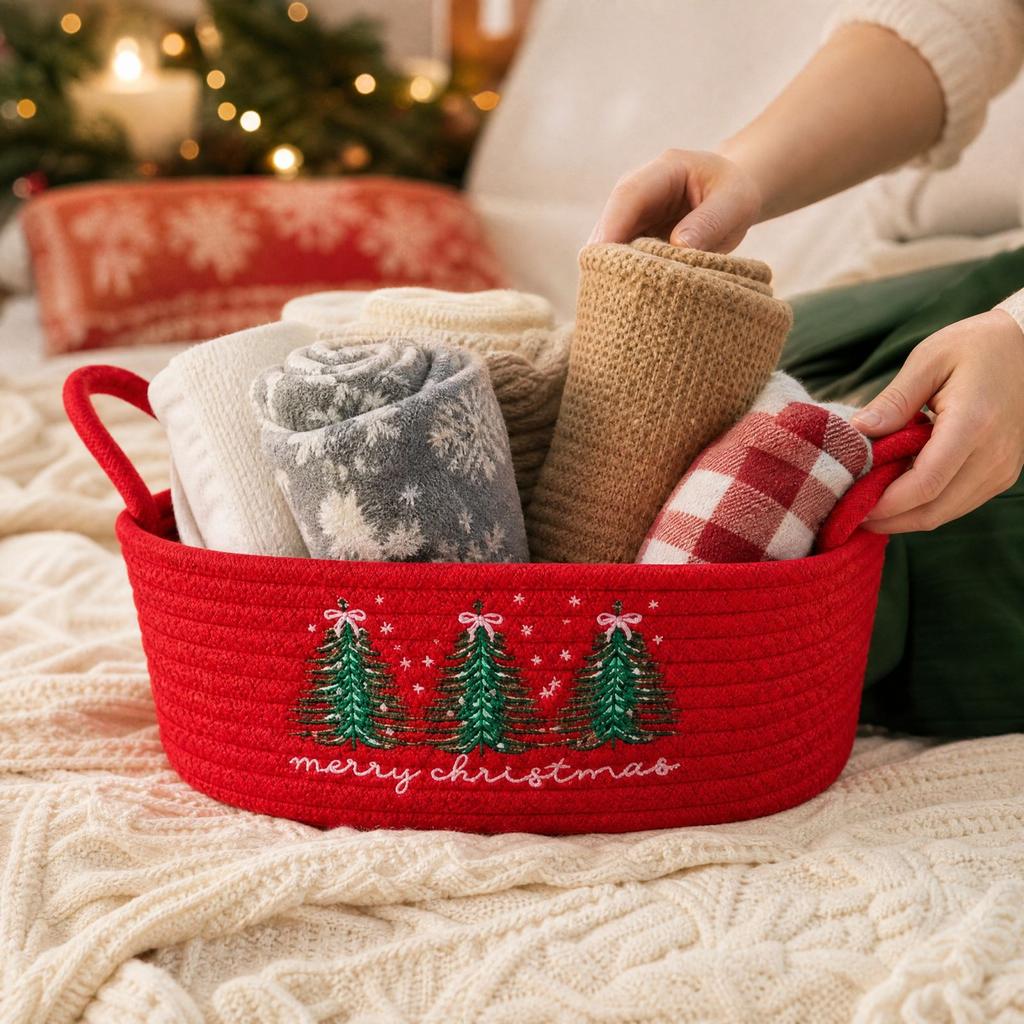 Christmas Tree Embroidered Cotton Rope Storage Basket with Handles, Basket and for Baby Toys and Home Clutter