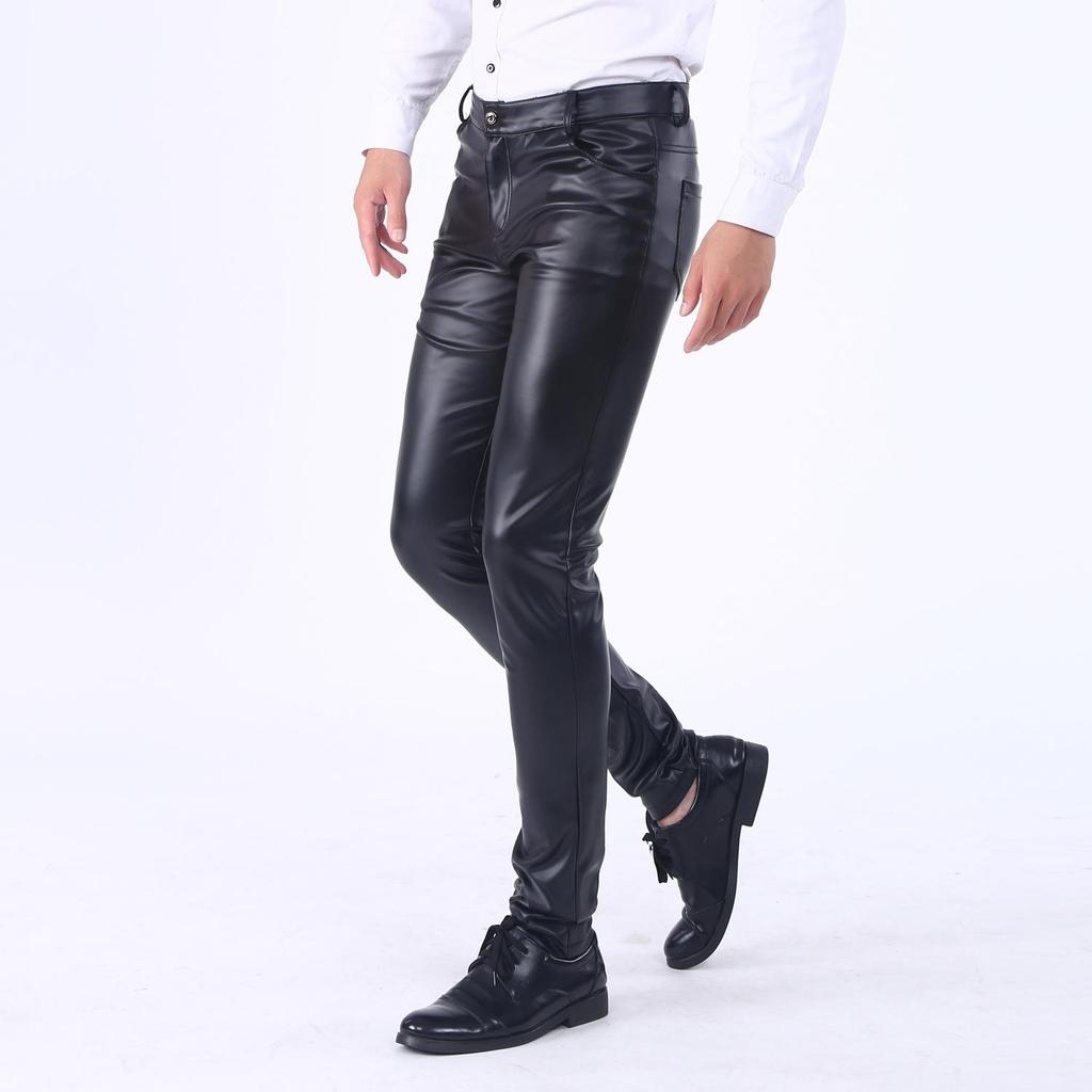 Men's Korean Style Slim Fit Motorcycle Leather Pants - Fleece-Lined, Skinny, Elastic, Spring/Autumn Trend