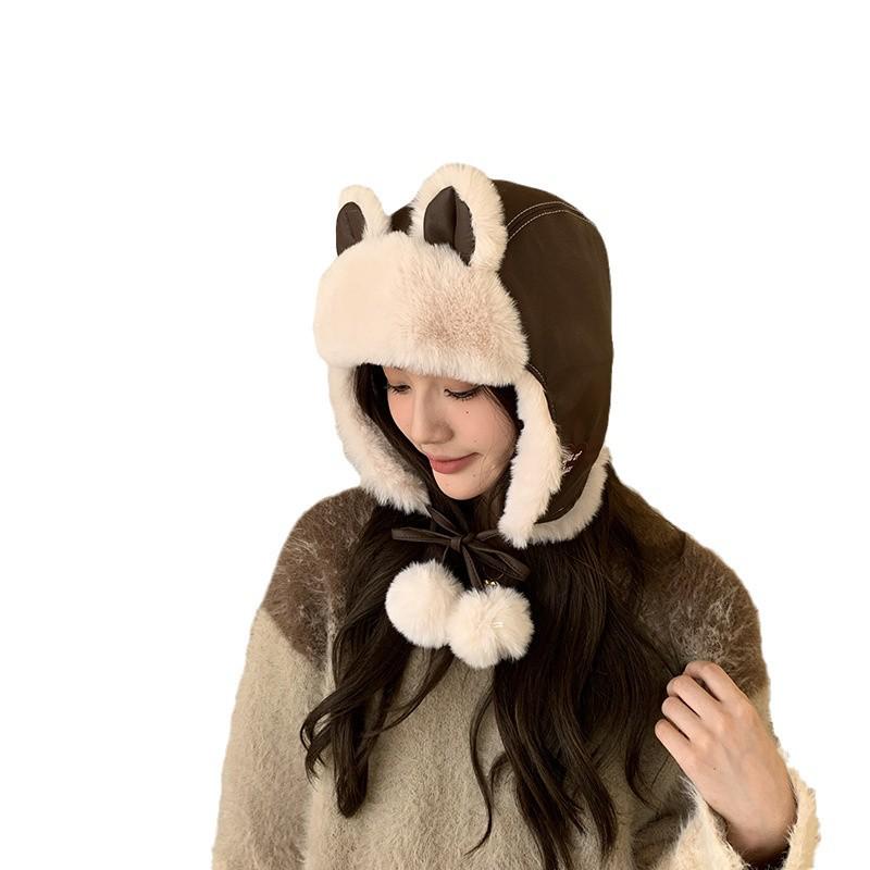 Women's Winter Leather Plush Lei Feng Hat with Panda Earmuffs - Windproof and Cute for Outdoor Cycling