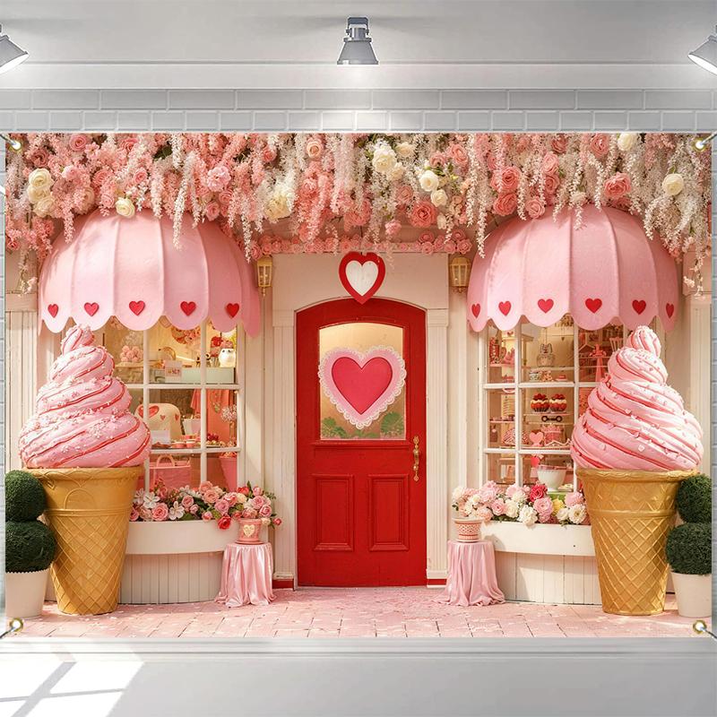 Photography Backgrounds Pink Valentine Day Dessert Shop Floral Ice Cream Decor Birthday Cake Smash Kids Portrait Photo Backdrop