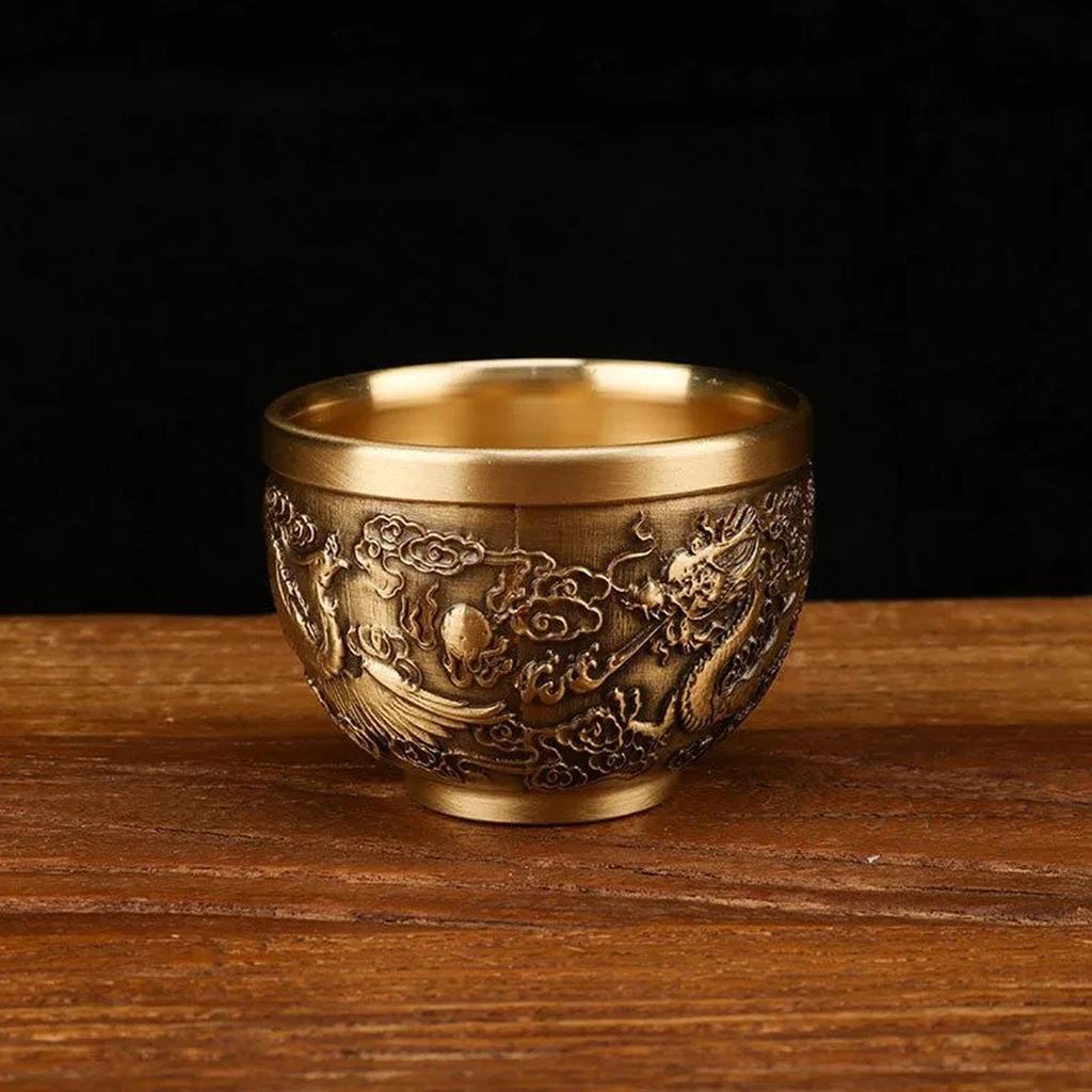 Antique Relief Dragon And Auspicious Slim Waist Cup Tea Table Decoration Copper Cup Chinese Small Waist Cup