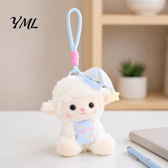 Plushie Gift for Girls Goodnight Sheep Plush Keychain, Cute Sleepy Lamb Stuffed Toy with Nightcap, Soft Polyester Animal Doll Fluffy Bag Charm