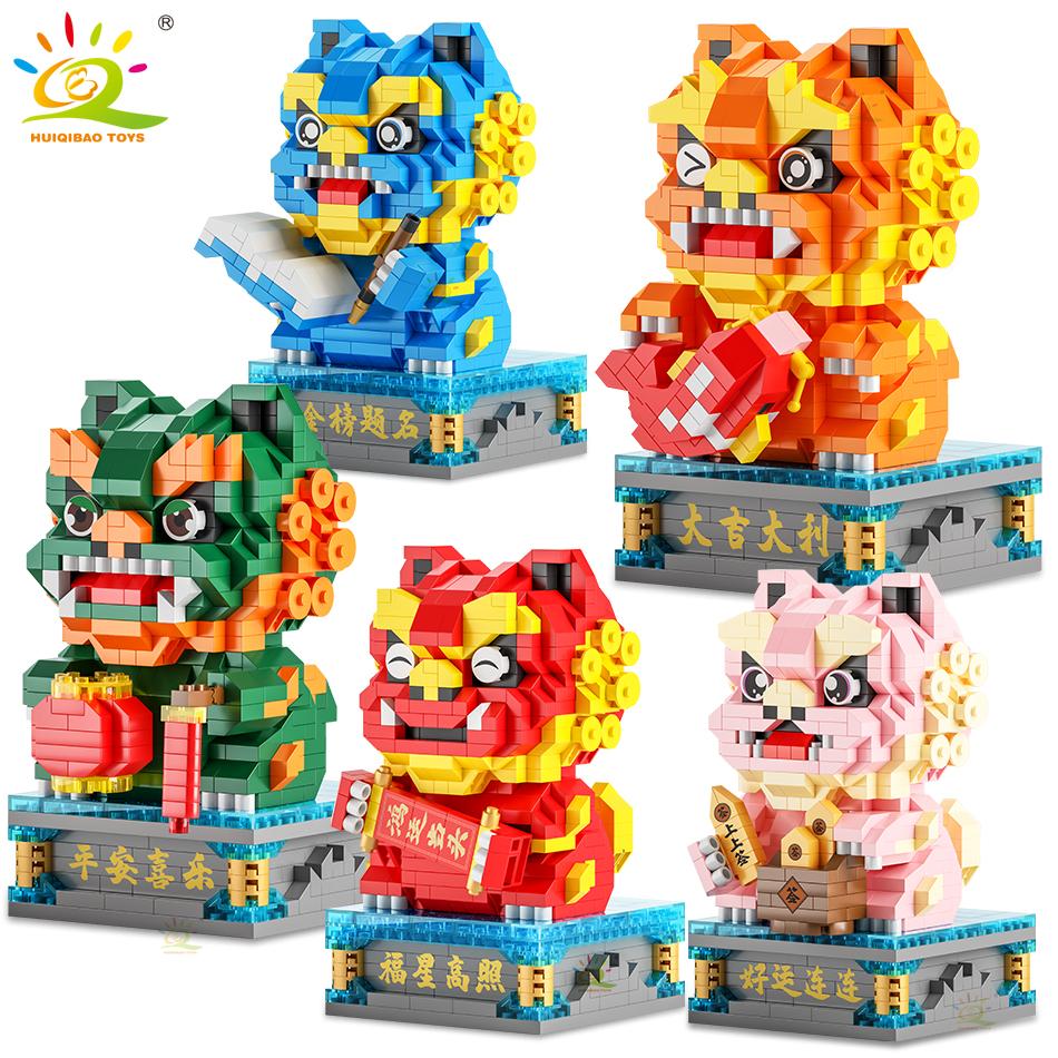 Китайский стиль Lucky Dancing Lion Diamond Micro Building Blocks Украшение стола Кирпичи Детские собранные игрушки для детей