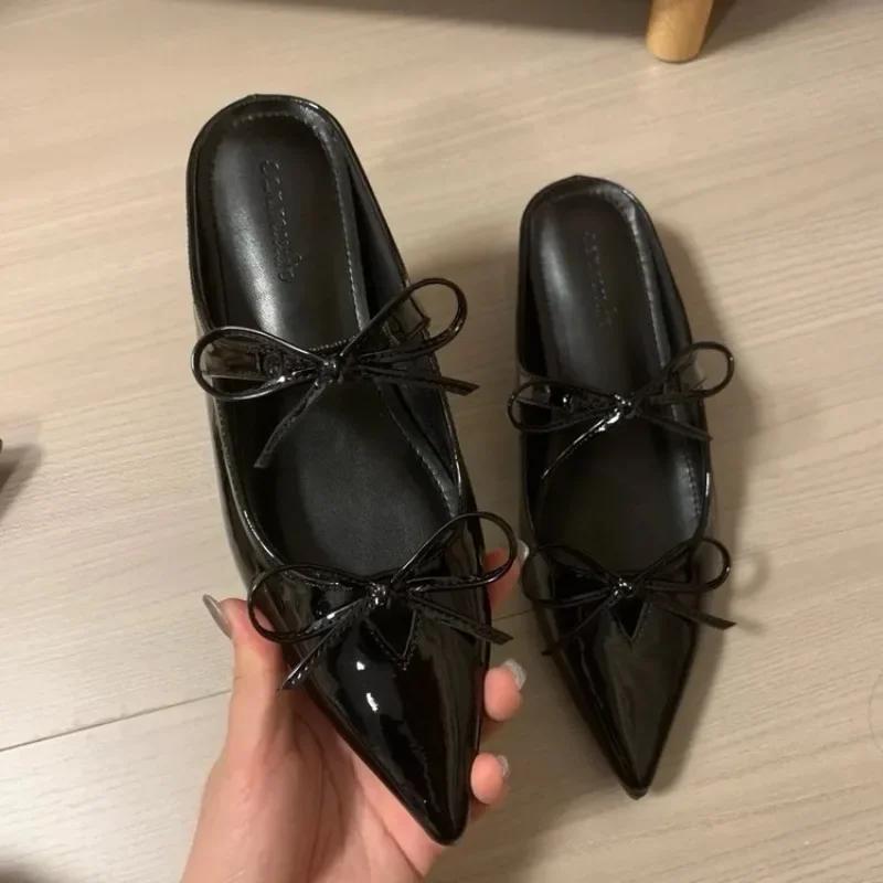 Модная женская обувь 2024 Модные женские шлепанцы с острым носком Весна Осень Бант Однотонные На плоской подошве Повседневные Удобные Офисные женские туфли