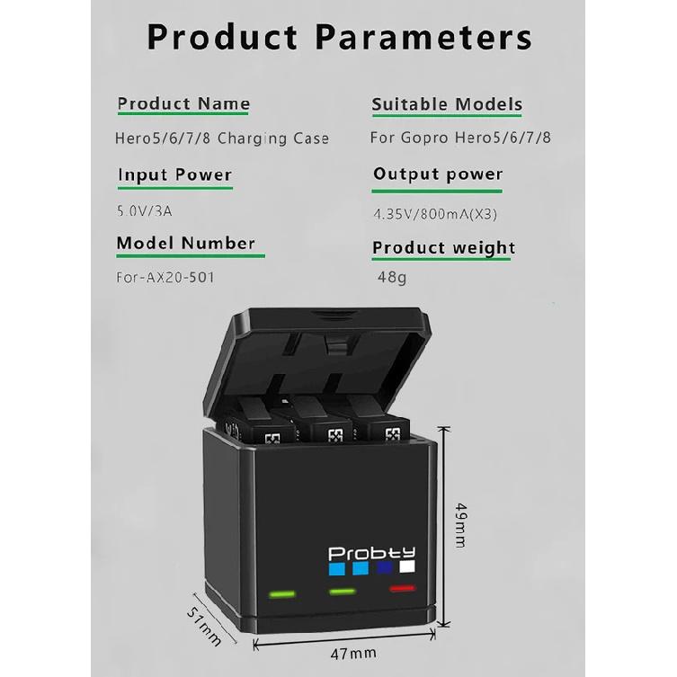 Original Probty Battery Charger For GoPro Go Pro Hero 8 7 6 5 Black 3-Ways Fast Charger Action Camera Accessories