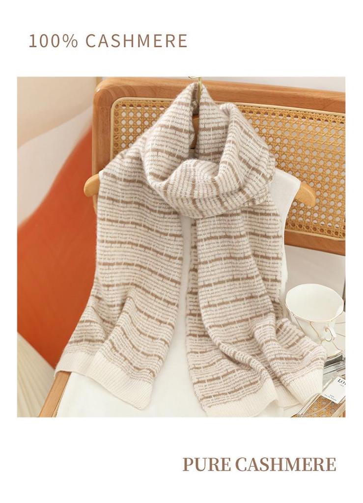 Women's 100% Pure Cashmere Color Block Stripe Scarf - High-Grade Autumn/Winter Knit Neck Warmer