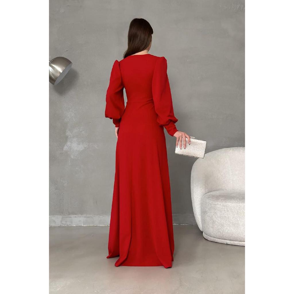 Black Crepe Fabric Front Knot Detail Maxi Length Long Sleeve Double Slit Dress