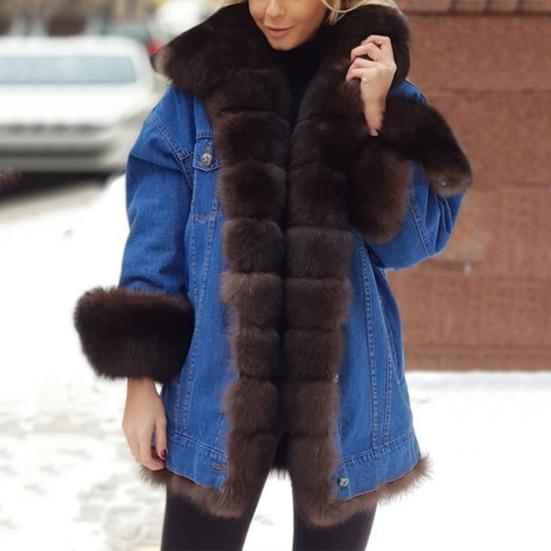 Winter Women Denim Jacket Faux Fur Trim Long Sleeves Color Matching Pockets Cold-proof Mid Length Windproof Outdoor Warm Coat
