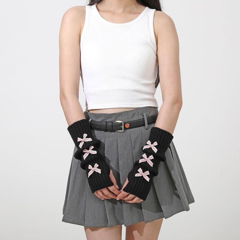 Y2K Bow Fingerless Gloves Thicken Hands Free Gloves Fashion Long Knit Arm Warmers Autumn
