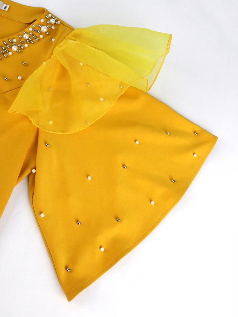 AOMEI Sheath Dresses for Women Yellow V Neck Beading Flare Sleeve High Waist Split Knee Length Evening Party Cocktail Plus Size Gowns Dress