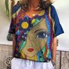 New T Shirt For Women Abstract V-neck Short Sleeve Tee Casual Oil Painting Female Clothing Fashion Street Retro Women's T-shirt