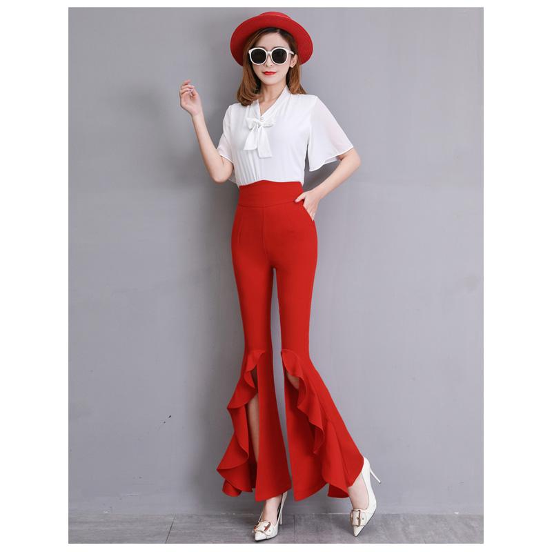 Harajuku Summer High Waist Women's Chiffon Split Up Capris Pants for Women Skinny Ruffles Flare Pants Woman Trousers Red Black