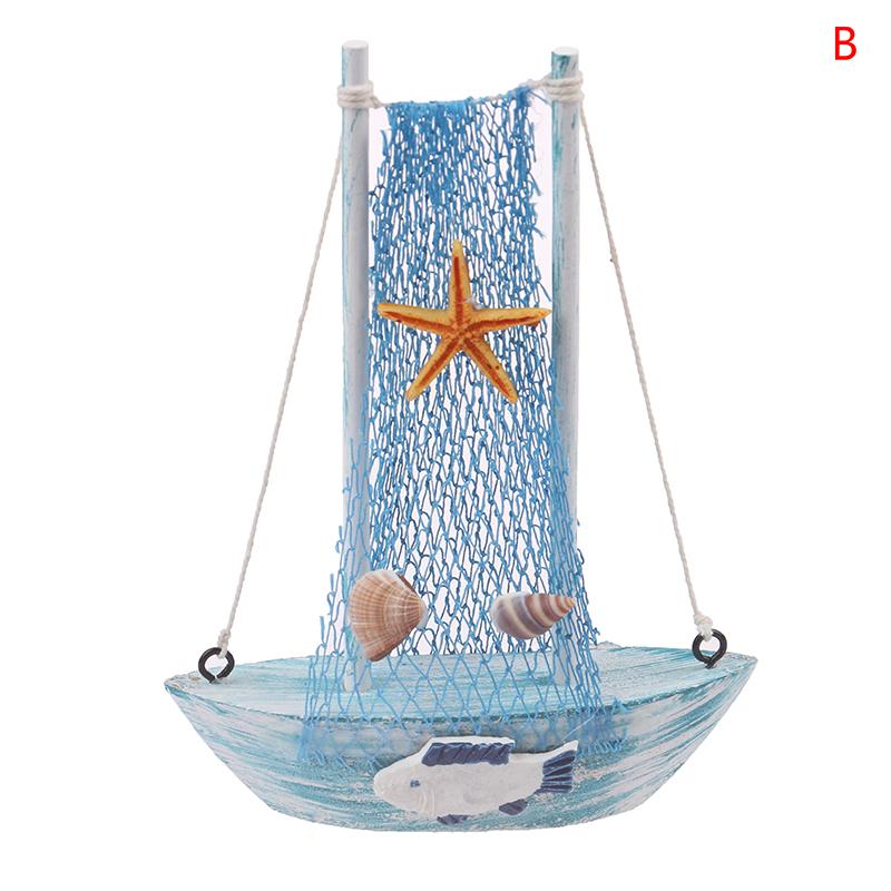 1PCS Mediterranean Style Marine Nautical Wooden Blue Sailing Boat Ship Wood Crafts Ornaments Party Home Decoration