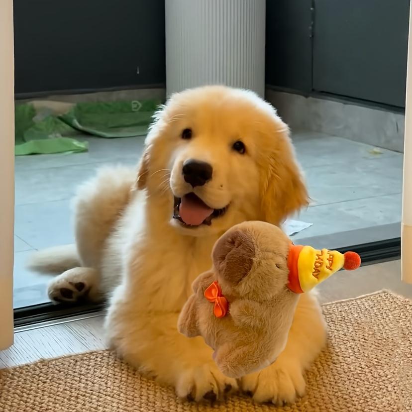 Очаровательная плюшевая игрушка капибара с праздничной шапочкой и галстуком-бабочкой – мягкая игрушка для собак всех пород, идеальный компаньон для игр в помещении