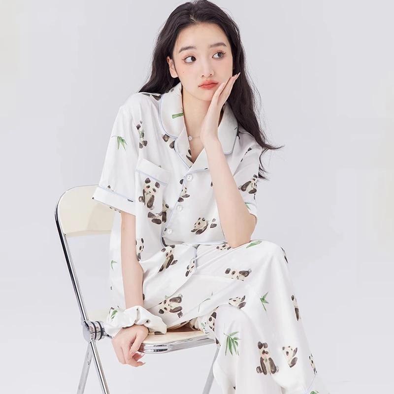 Женская пижама в китайском стиле с рисунком панды и бамбука, милая, милая, летняя, классическая, домашняя одежда для сна
