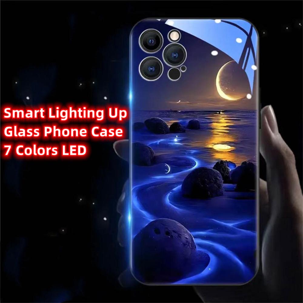 Luminous Phone Case Meteor Beach Luminous Glass LED Call Flash Phone Protective Case Suitable for IPhone