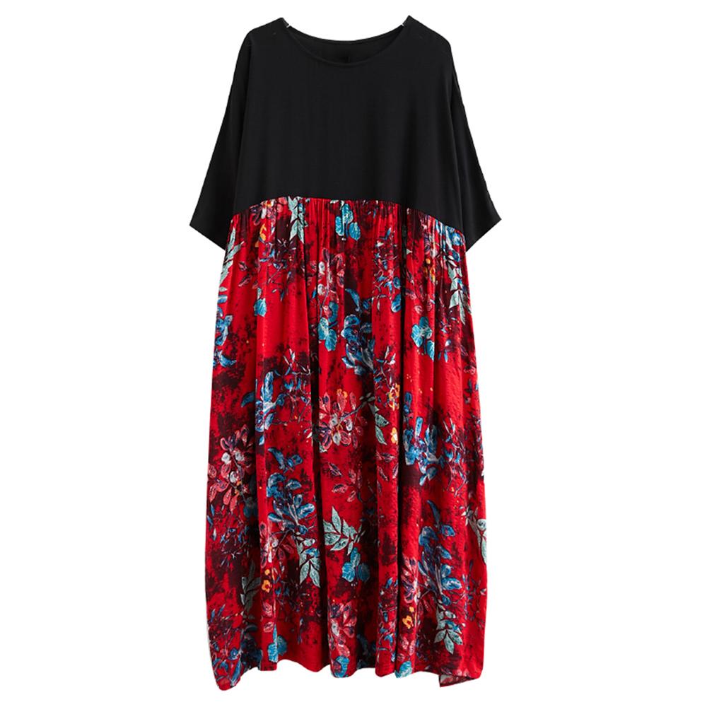 Женское хлопково-льняное платье с цветочным принтом и карманами до середины икры, свободный круглый вырез с короткими рукавами, повседневные размеры больших размеров