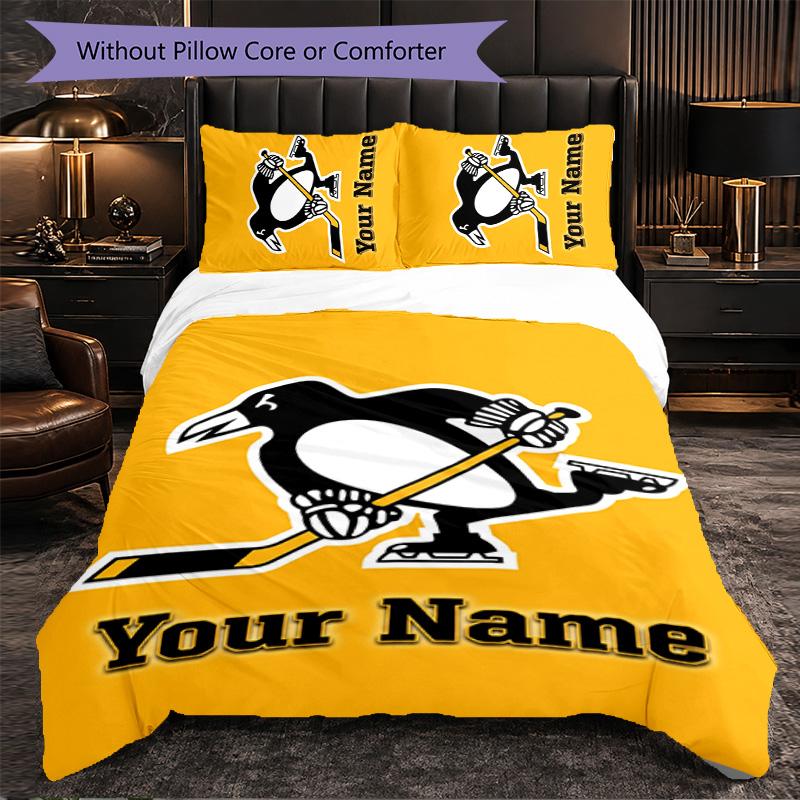 Постельное белье с индивидуальным именем Pittsburgh Penguins, 1 пододеяльник и 2 наволочки, персонализированный подарок для спальни