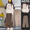 Летняя футболка с короткими рукавами для студенток, свободные повседневные брюки с широкими штанинами, костюм из двух частей