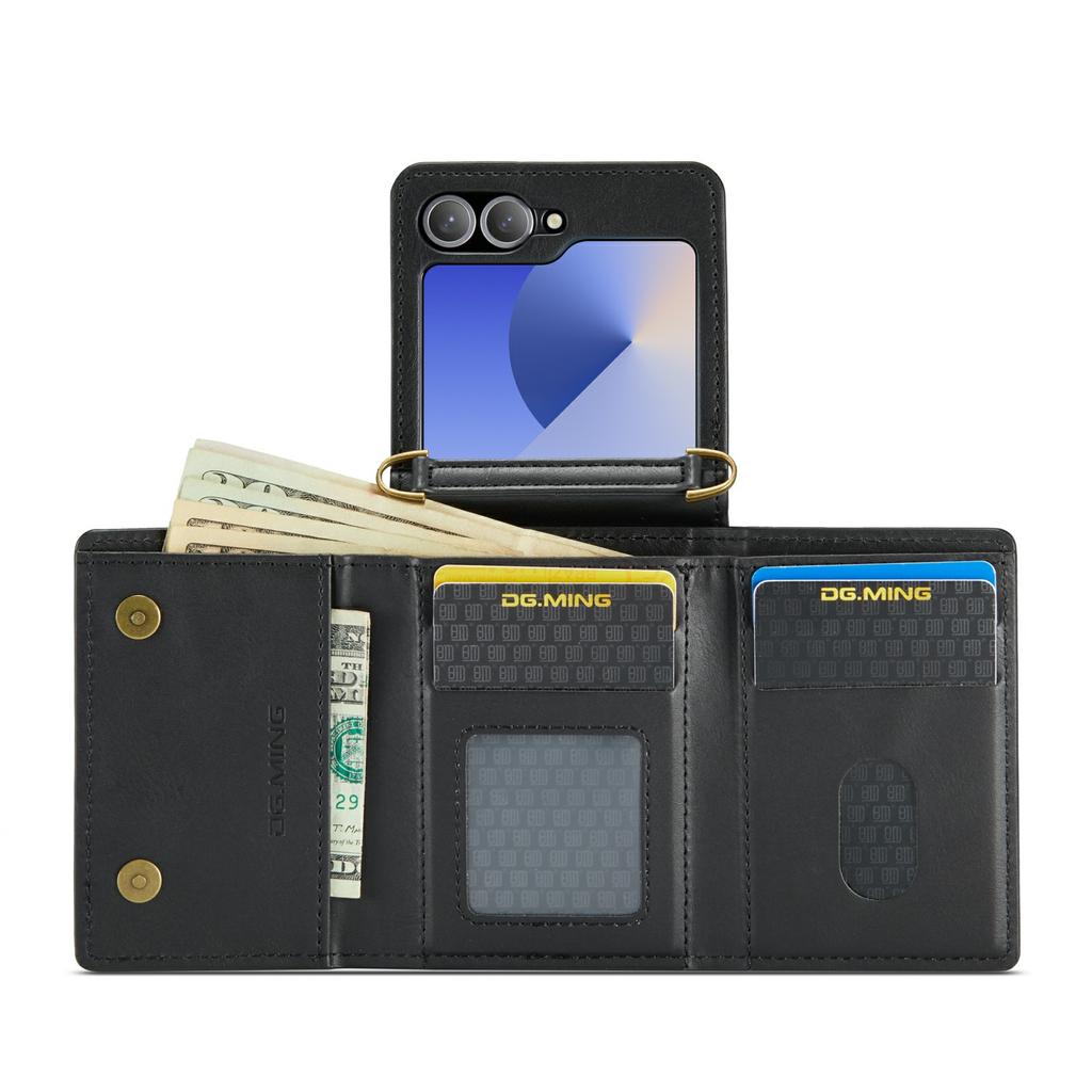 Серия DG.MING M6 Для Samsung Galaxy Z Flip6 5G/Z Flip7 FE 5G Складной чехол PU+PC Чехол для телефона с кошельком/плечевым ремнем