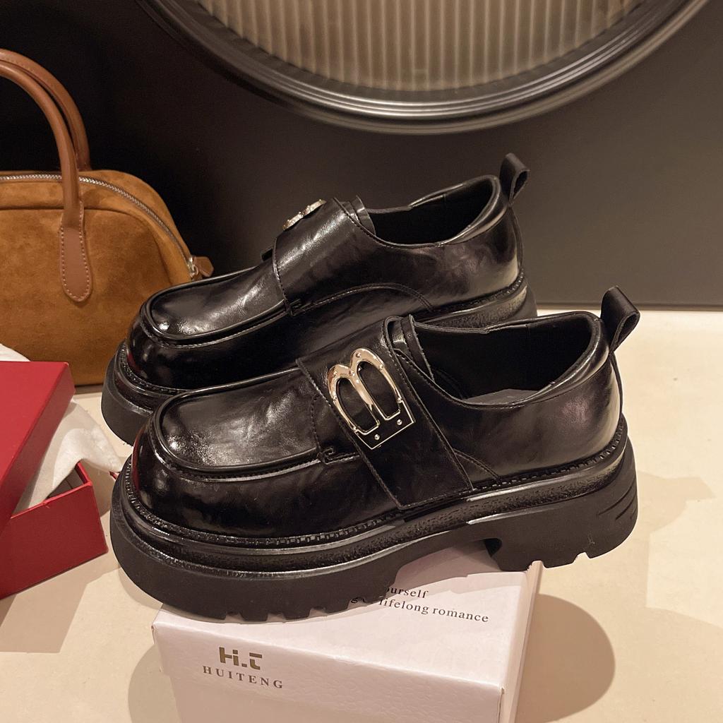 Platform Thick Heel British Style Small Leather Shoes Women's Spring 2025 New Versatile Height-increasing Single Shoes Black Loafers