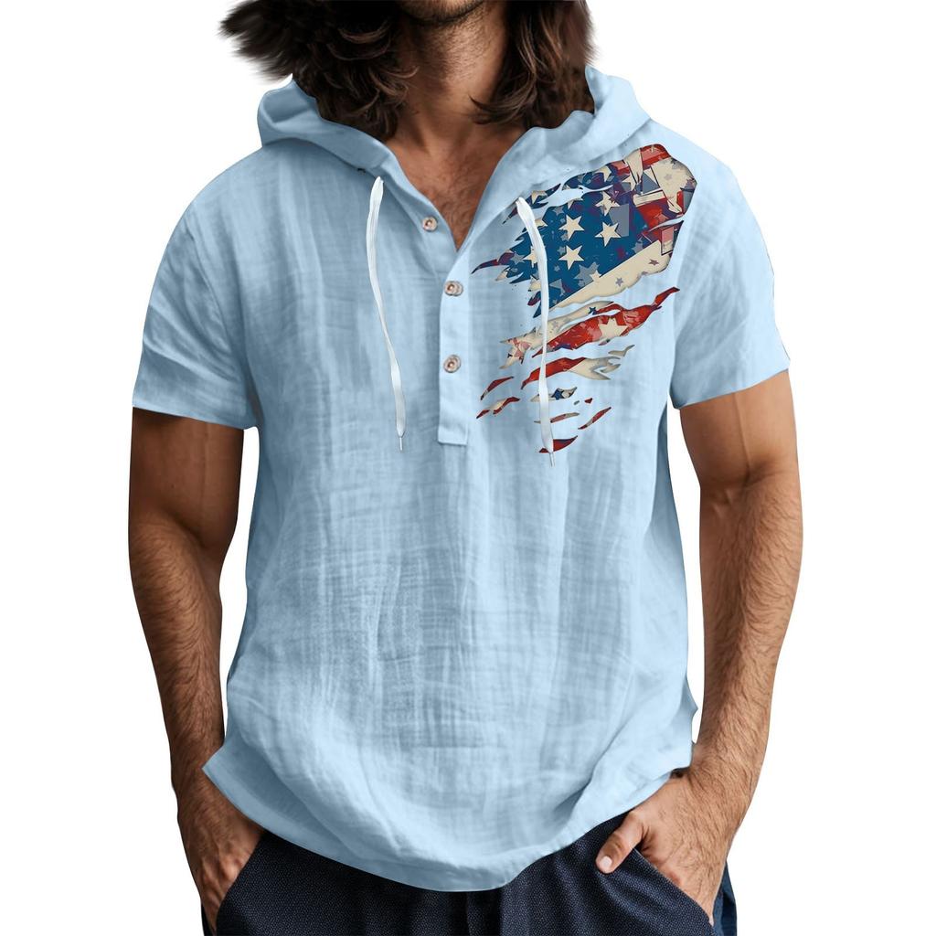 Men'S Casual Short Sleeved Hooded Top Buttoned Open Neck T-Shirt