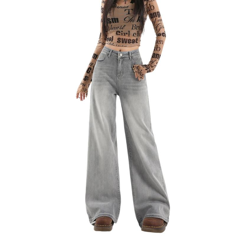 American Spice Girl micro-pull jeans women's autumn and winter new high-waisted straight loose and thin wide-leg flared pants