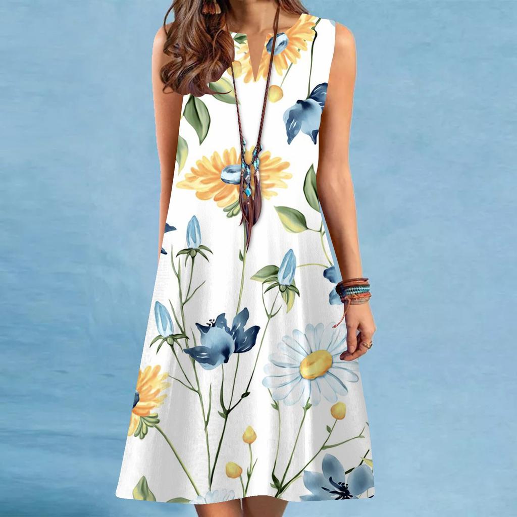 Модные женские платья-туники с v-образным вырезом и цветочным принтом без рукавов, платье-футболка больших размеров