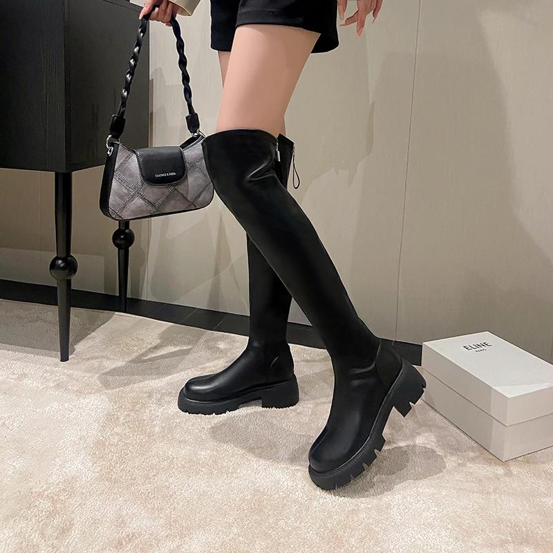 Female Shoes On Sale 2024 New Zipper Women Boots Autumn Round Toe Solid High Tube Over The Knee Platform Chunky Heels Long Boots