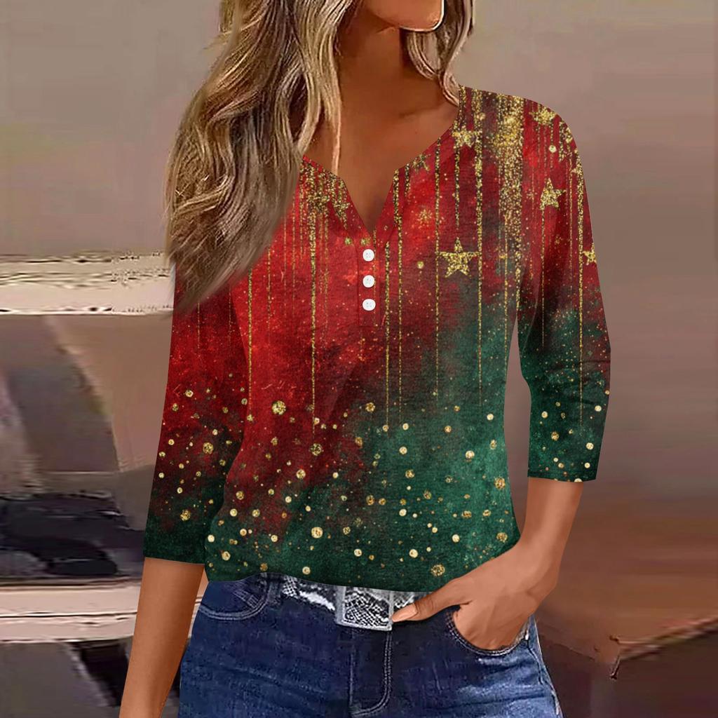Women's Fashionable Casual Christmas Printed V-neck Three-quarter Sleeve Decorated Button Top