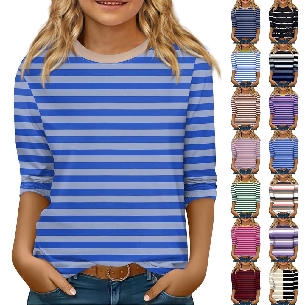 Children's 3/4 Sleeve Tops Casual Print T Shirt Round Neck Pullover Blouse