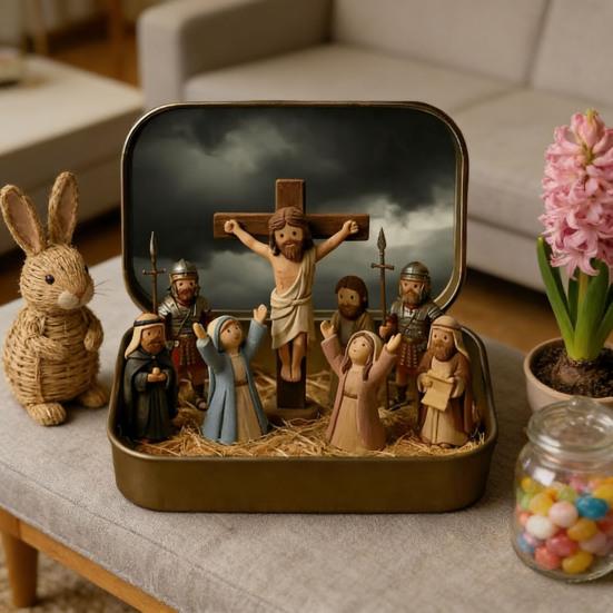 Little Jesus in Tin Box Miniature Jesus Crucifixion Resurrection Scene Ornament Pocket Jesus Figure Set Religious Home Office Desktop Decoration