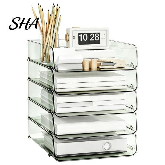 Desk Space Saving Box Clear Acrylic File Organizer Tray, 1/2/3/4/5 Tier Paper Ducument Compact Storage Box, Stackable Office Supplies Rack Desktop