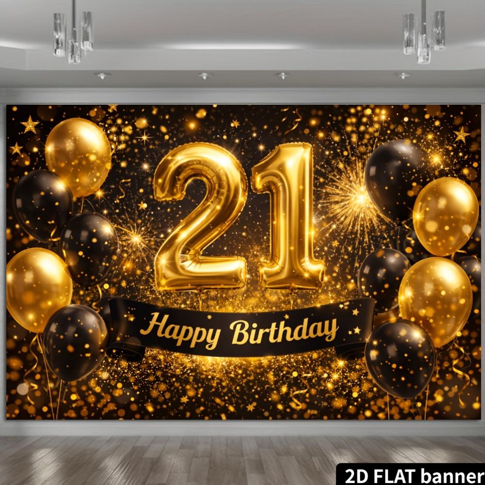 21st Birthday Party Banner Backdrop, Black Gold Number 21 Balloon Happy Birthday Ribbon, Polyester, No Power, Party Decor