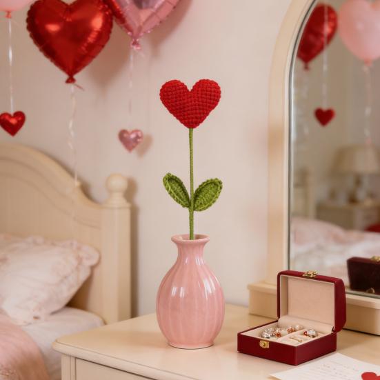 Crochet Heart Picks Handmade Knit Red Heart Bouquet with Green Leaves Valentine's Day Vase Filler for Table Centerpiece Home Decor