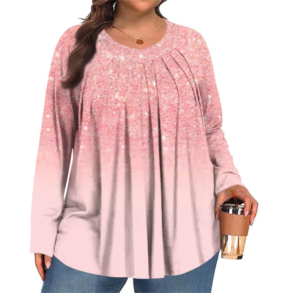 Women's Plus Size Fashion Printed Casual Pleated Round Neck Long Sleeve Top