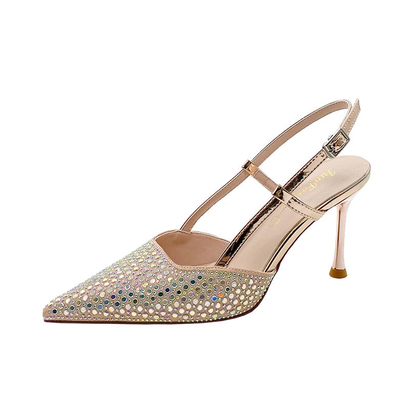 Fashion New Fashion Pointed Toe Women's Rhine-Diamond Sexy Pointy High Heels Beautiful Stiletto Bun Head One Word Buckle Sandals Woman