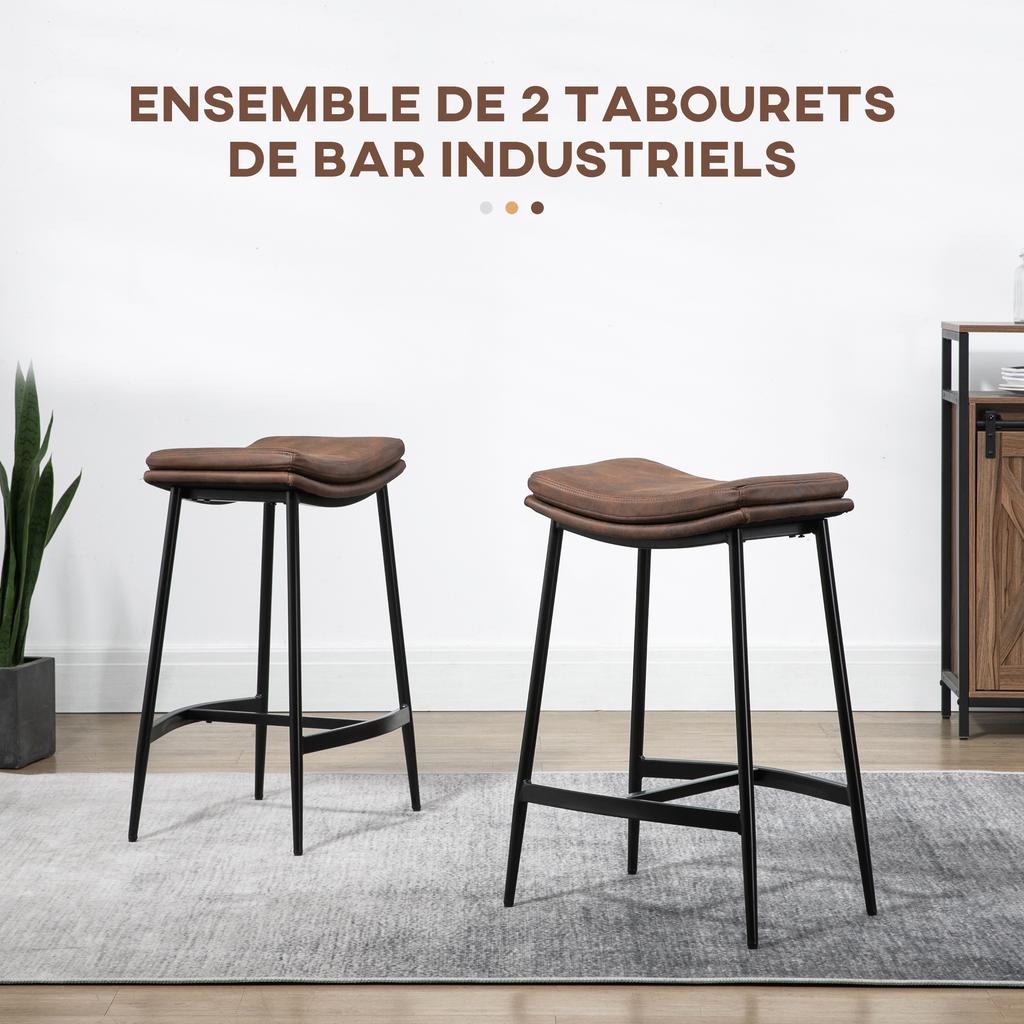 Set of 2 bar stools with steel footrest industrial style curved seat 48.5 x 38.5 x 68.5 cm brown black