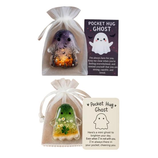 1/2/4/5Pcs Pocket Hug Ghost with Positive Card Emotional Support Ghost Token Mini Halloween Cartoon Ghost Statue Inspirational Gift